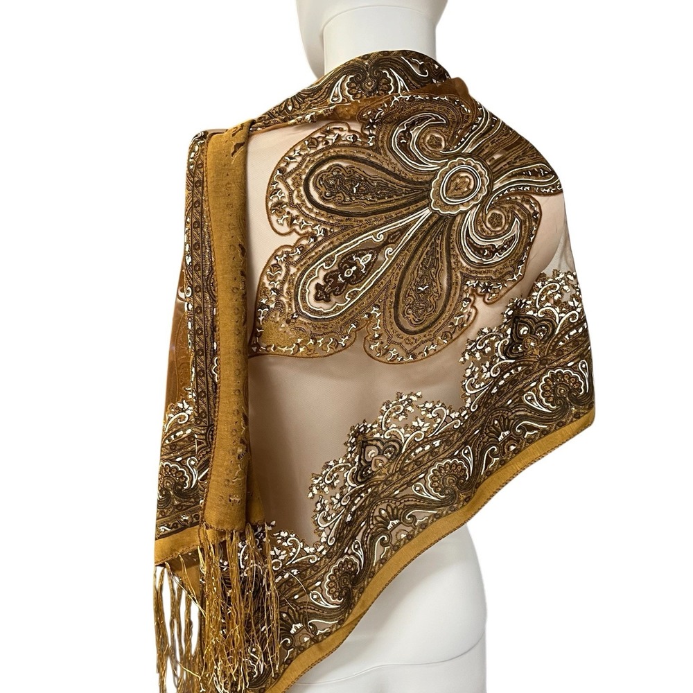 Vintage Cashmere Scarf Wrap Shawl Brown Burnout Scroll Fringe Event Quiet Luxury
